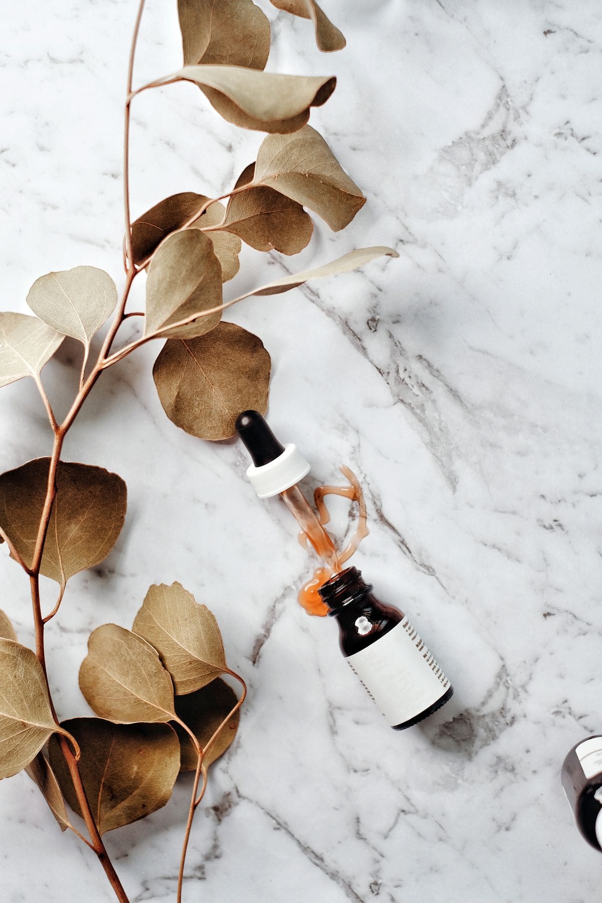 Flat lay of skin longevity skincare products and serums